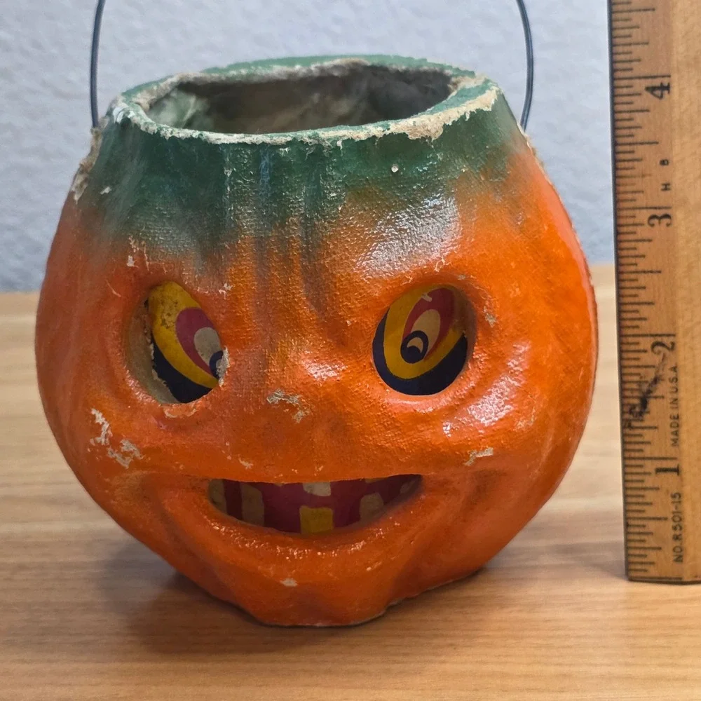 All-Original Antique Vintage Halloween Paper Mache Pulp Jack o' Lantern, 30s-40s